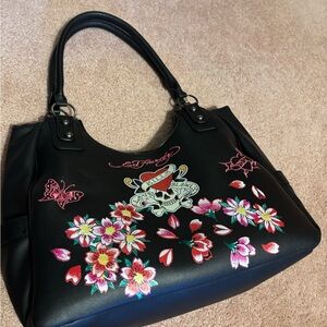 Ed Hardy Black Shoulder Bag with Floral and Butterfly Design